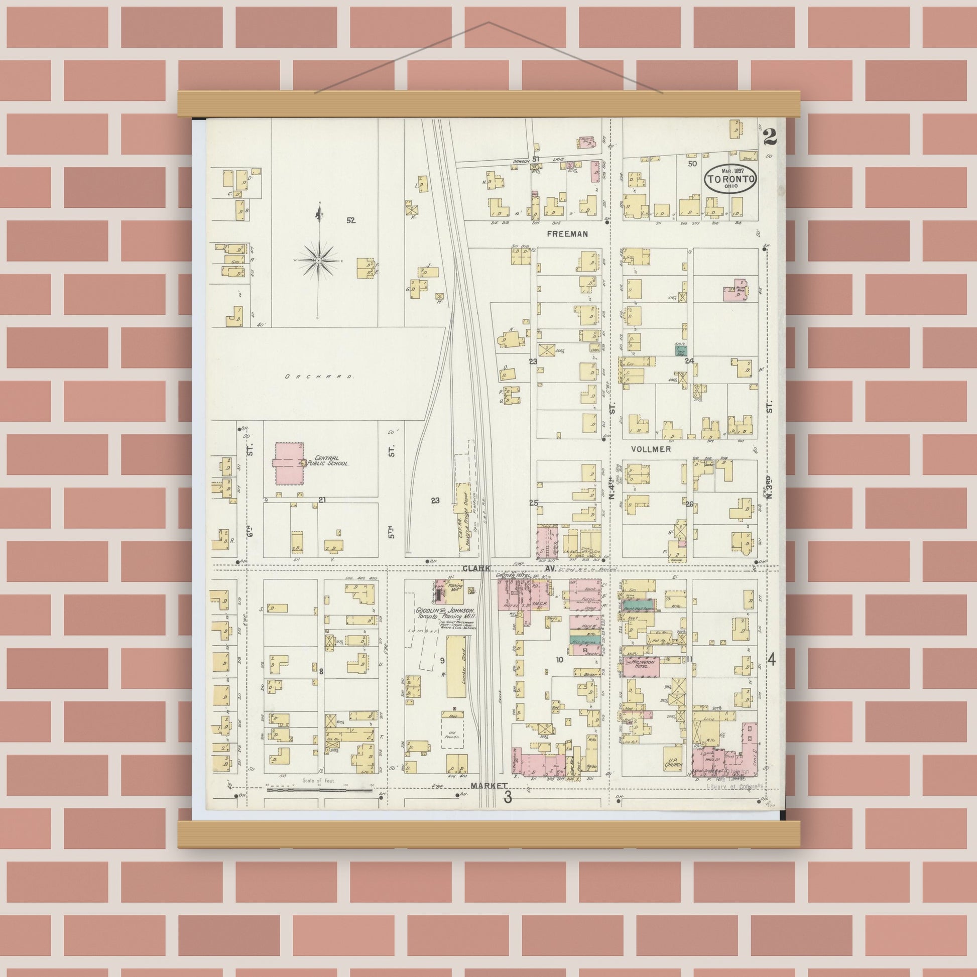 Old map wall art mockup — magnetic wood frame on brick wall — Sanborn Fire Insurance Map from Toronto, Jefferson County, Ohio (1897), Sheet #0002