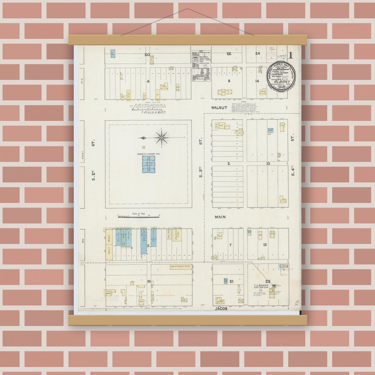 Old map wall art mockup — magnetic wood frame on brick wall — Sanborn Fire Insurance Map from Albany, Shackelford County, Texas (1891), Sheet #0001
