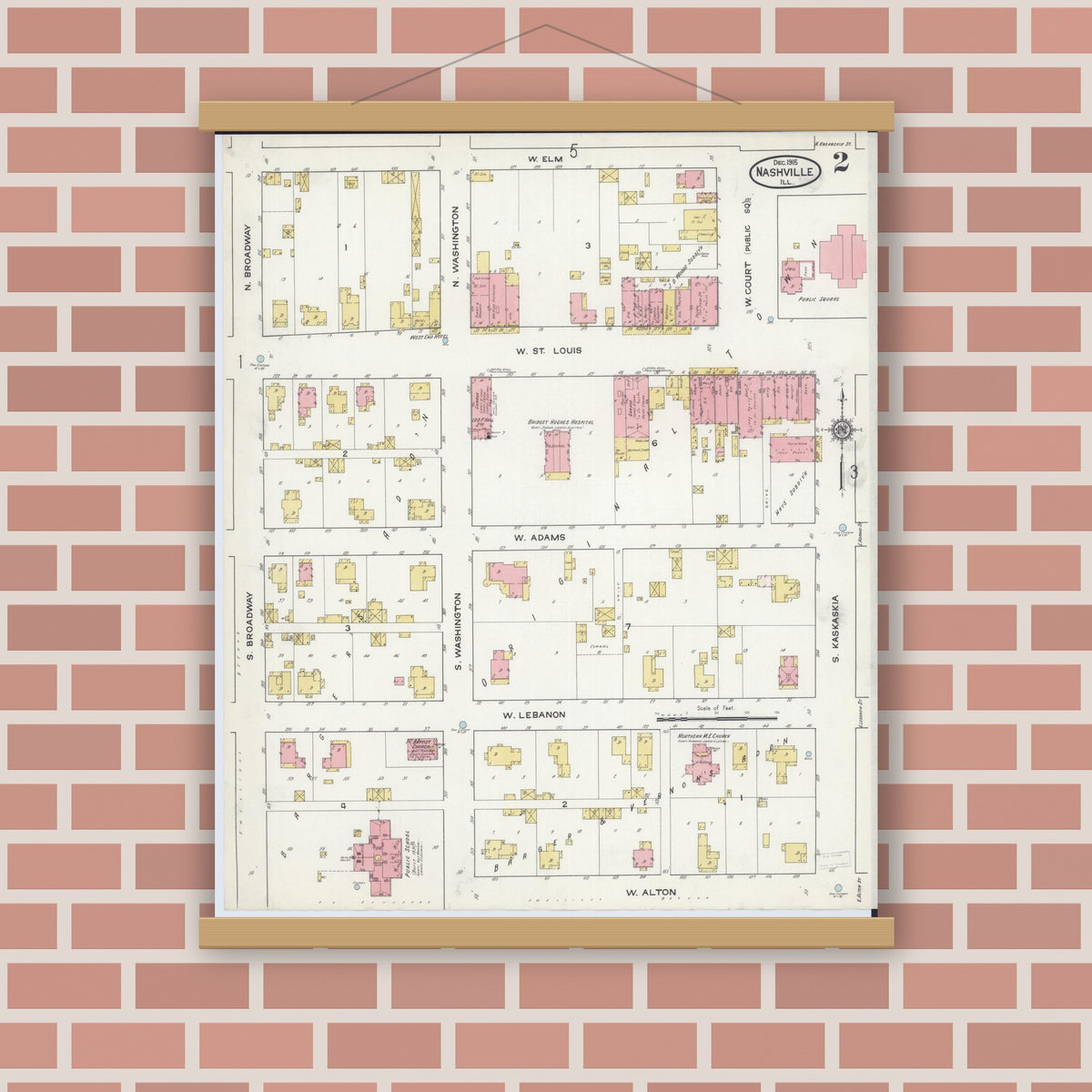 Old map wall art mockup — magnetic wood frame on brick wall — Sanborn Fire Insurance Map from Nashville, Washington County, Illinois (1915), Sheet #0002