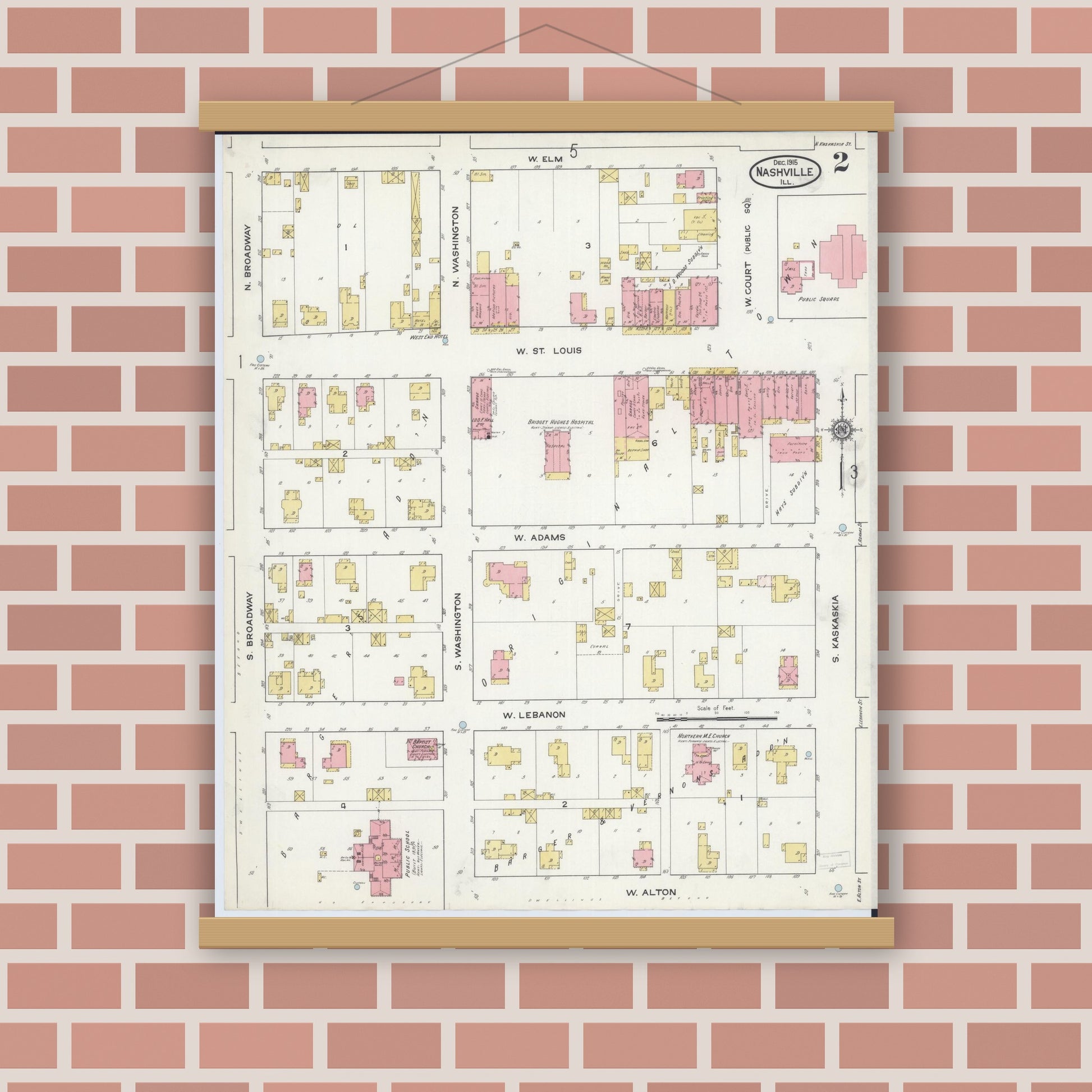 Old map wall art mockup — magnetic wood frame on brick wall — Sanborn Fire Insurance Map from Nashville, Washington County, Illinois (1915), Sheet #0002