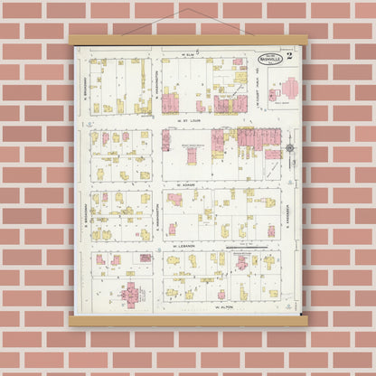 Old map wall art mockup — magnetic wood frame on brick wall — Sanborn Fire Insurance Map from Nashville, Washington County, Illinois (1915), Sheet #0002