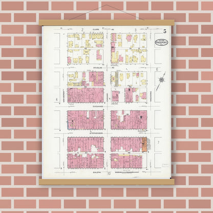 Old map wall art mockup — magnetic wood frame on brick wall — Sanborn Fire Insurance Map from Freeport, Stephenson County, Illinois (1918), Sheet #0005