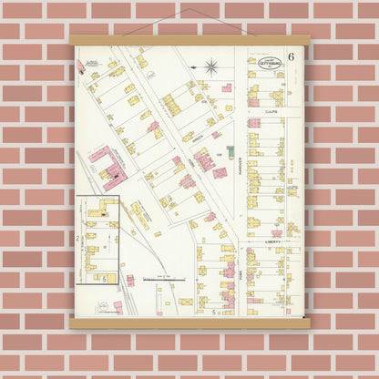 Old map wall art mockup — magnetic wood frame on brick wall — Sanborn Fire Insurance Map from Gettysburg, Adams County, Pennsylvania (1907), Sheet #0006
