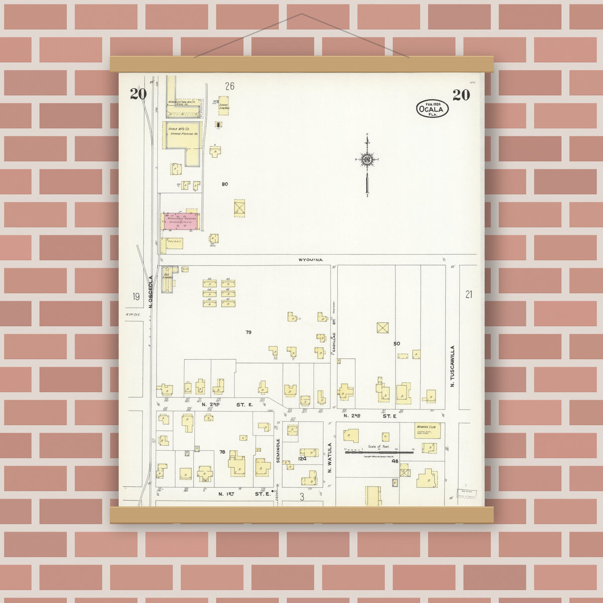 Old map wall art mockup — magnetic wood frame on brick wall — Sanborn Fire Insurance Map from Ocala, Marion County, Florida (1924), Sheet #0020