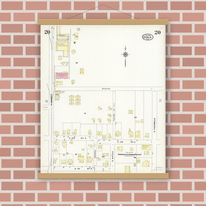 Old map wall art mockup — magnetic wood frame on brick wall — Sanborn Fire Insurance Map from Ocala, Marion County, Florida (1924), Sheet #0020