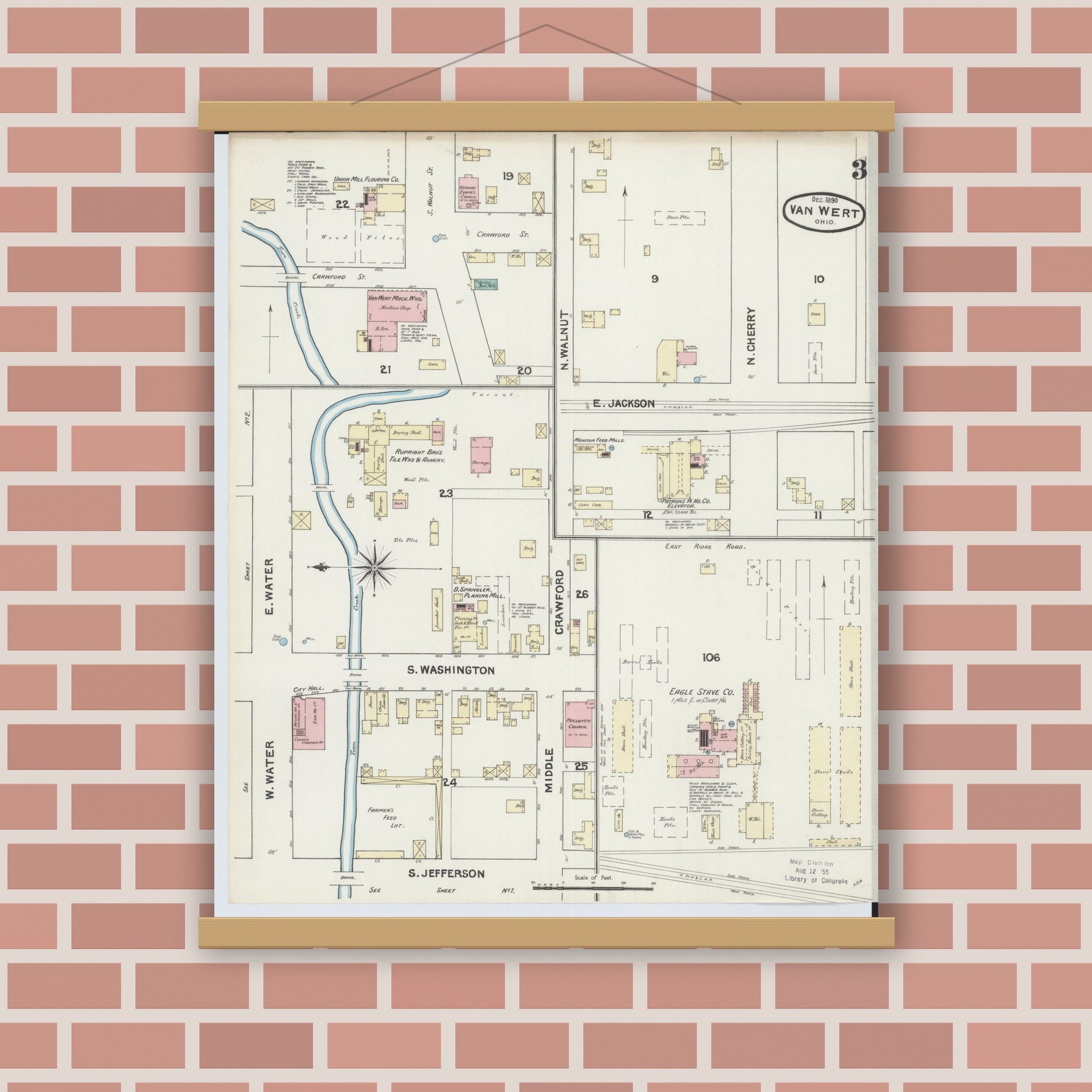 Old map wall art mockup — magnetic wood frame on brick wall — Sanborn Fire Insurance Map from Van Wert, Van Wert County, Ohio (1890), Sheet #0003