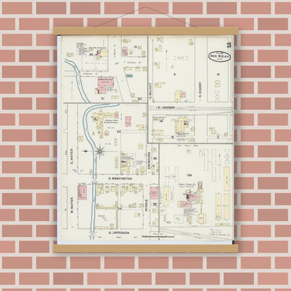 Old map wall art mockup — magnetic wood frame on brick wall — Sanborn Fire Insurance Map from Van Wert, Van Wert County, Ohio (1890), Sheet #0003
