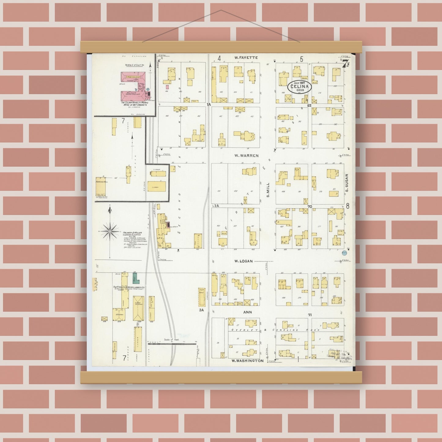 Old map wall art mockup — magnetic wood frame on brick wall — Sanborn Fire Insurance Map from Celina, Mercer County, Ohio (1907), Sheet #0007