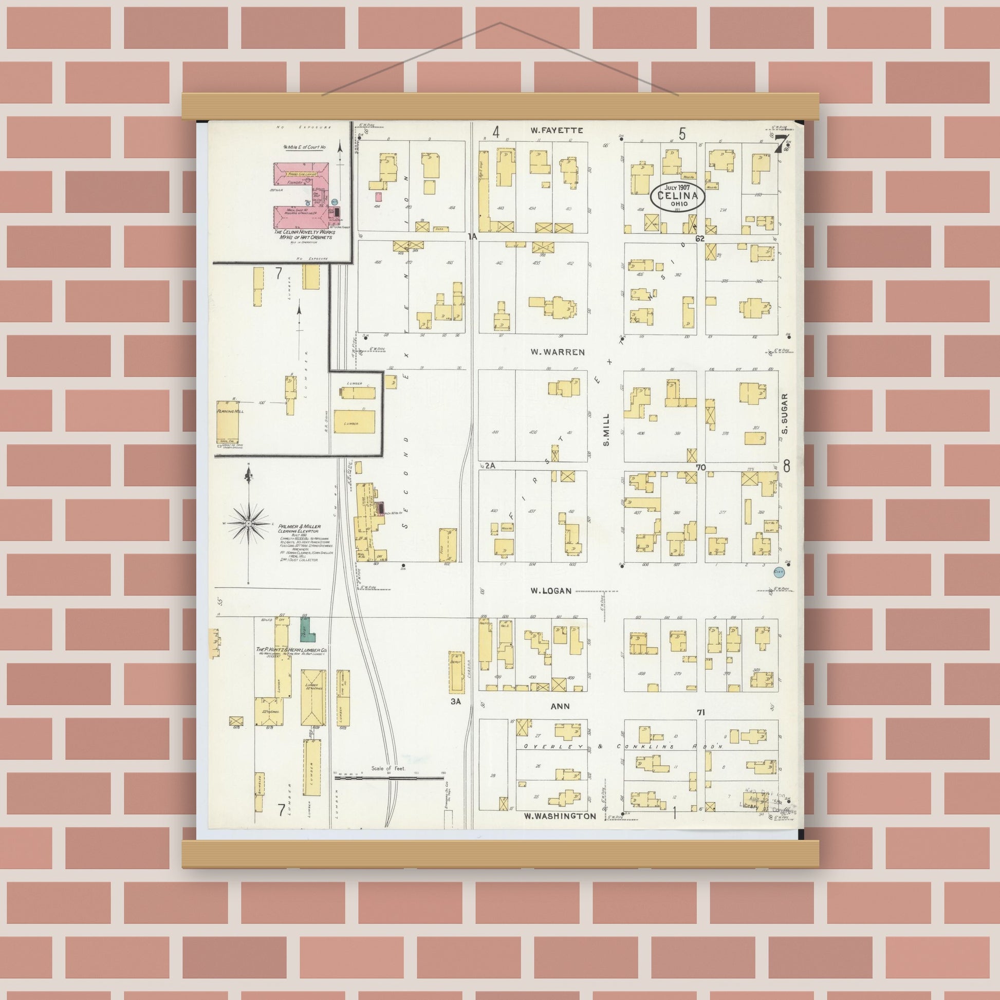 Old map wall art mockup — magnetic wood frame on brick wall — Sanborn Fire Insurance Map from Celina, Mercer County, Ohio (1907), Sheet #0007