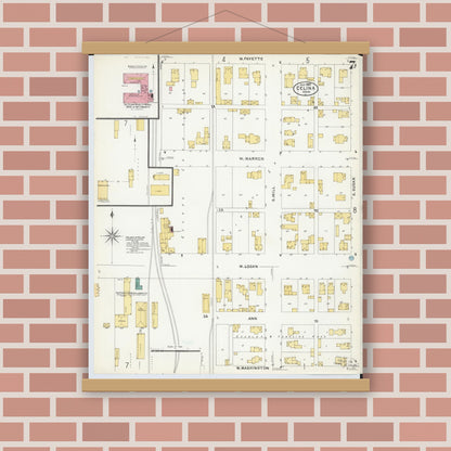 Old map wall art mockup — magnetic wood frame on brick wall — Sanborn Fire Insurance Map from Celina, Mercer County, Ohio (1907), Sheet #0007