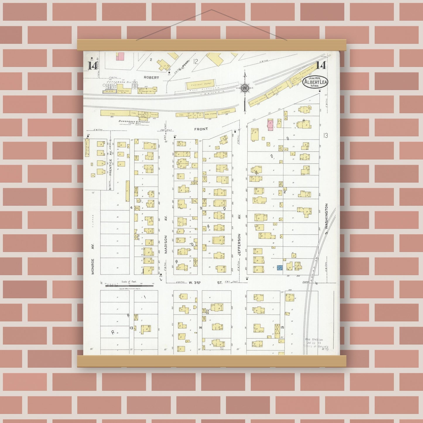 Old map wall art mockup — magnetic wood frame on brick wall — Sanborn Fire Insurance Map from Albert Lea, Freeborn County, Minnesota (1926), Sheet #0014