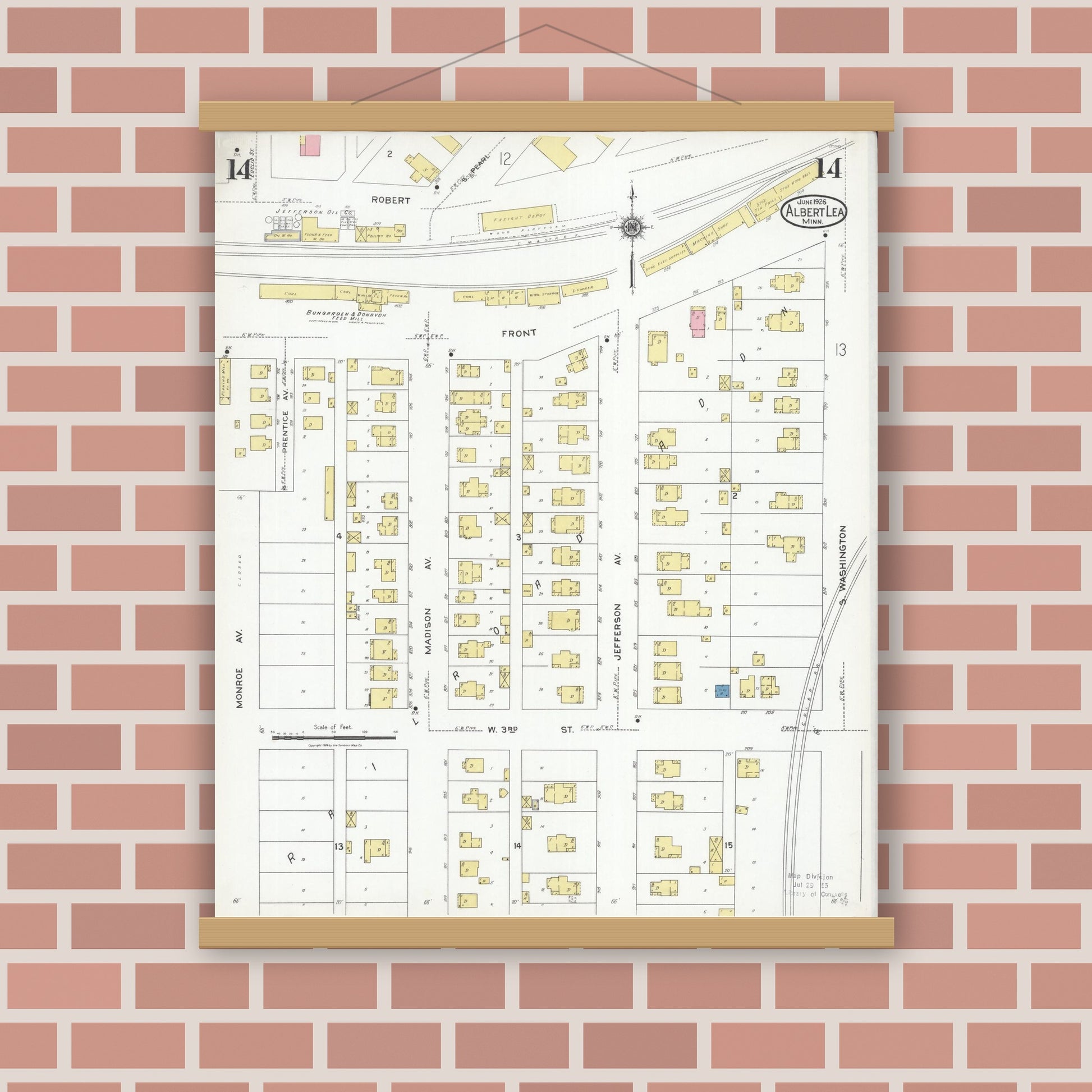 Old map wall art mockup — magnetic wood frame on brick wall — Sanborn Fire Insurance Map from Albert Lea, Freeborn County, Minnesota (1926), Sheet #0014