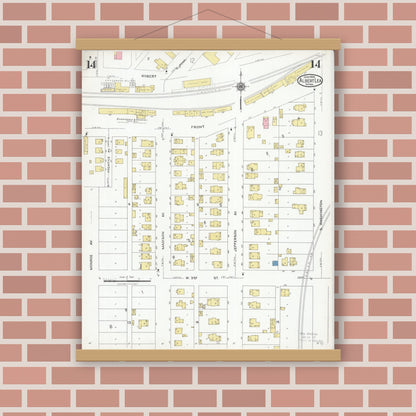 Old map wall art mockup — magnetic wood frame on brick wall — Sanborn Fire Insurance Map from Albert Lea, Freeborn County, Minnesota (1926), Sheet #0014