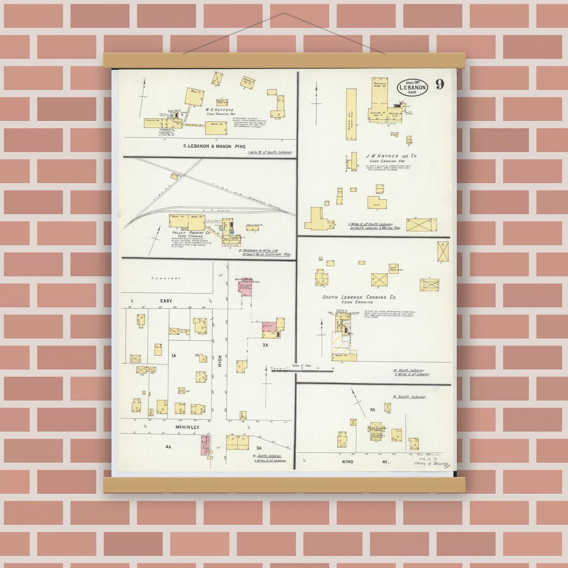 Old map wall art mockup — magnetic wood frame on brick wall — Sanborn Fire Insurance Map from Lebanon, Warren County, Ohio (1907), Sheet #0009