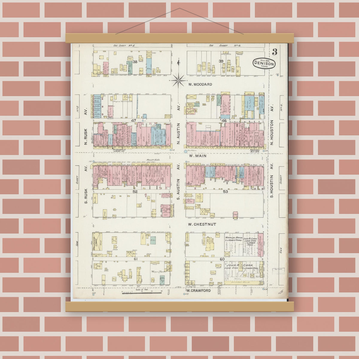 Old map wall art mockup — magnetic wood frame on brick wall — Sanborn Fire Insurance Map from Denison, Grayson County, Texas (1888), Sheet #0003