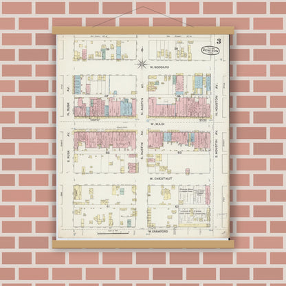 Old map wall art mockup — magnetic wood frame on brick wall — Sanborn Fire Insurance Map from Denison, Grayson County, Texas (1888), Sheet #0003