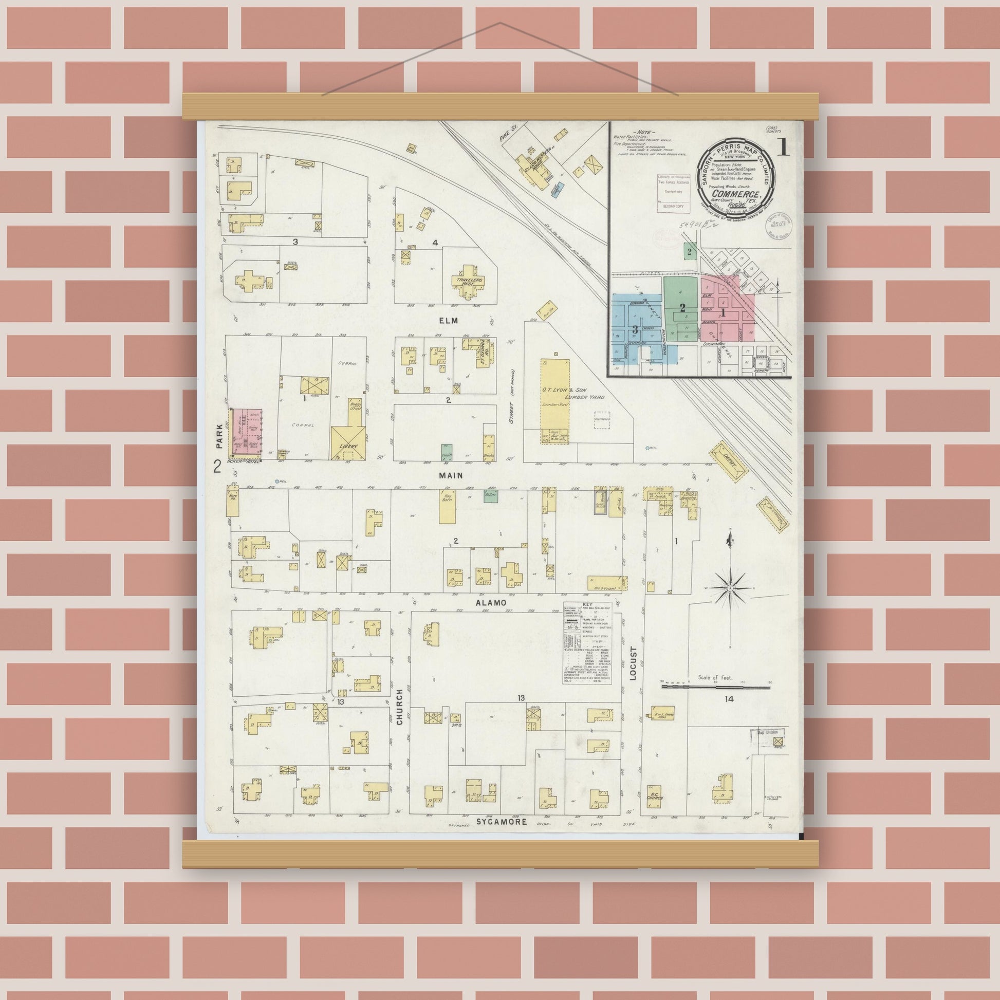 Old map wall art mockup — magnetic wood frame on brick wall — Sanborn Fire Insurance Map from Commerce, Hunt County, Texas (1896), Sheet #0001