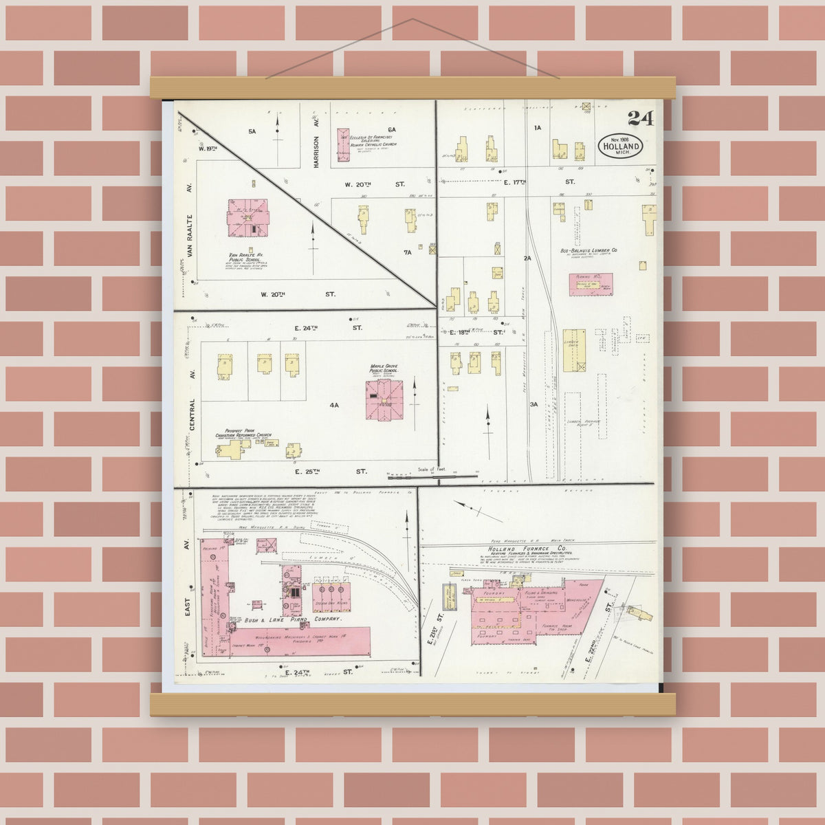 Old map wall art mockup — magnetic wood frame on brick wall — Sanborn Fire Insurance Map from Holland, Ottawa County, Michigan (1908), Sheet #0024