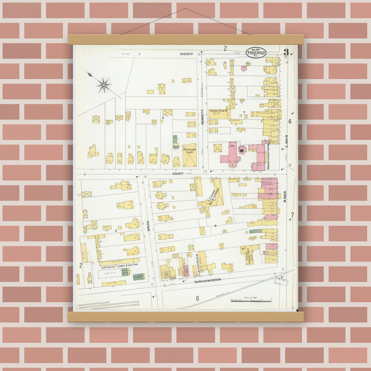 Old map wall art mockup — magnetic wood frame on brick wall — Sanborn Fire Insurance Map from Freehold, Monmouth County, New Jersey (1901), Sheet #0003