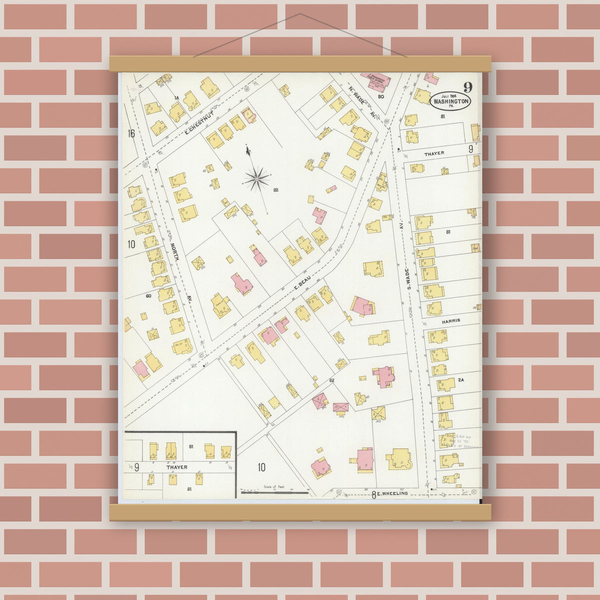 Old map wall art mockup — magnetic wood frame on brick wall — Sanborn Fire Insurance Map from Washington, Washington County, Pennsylvania (1904), Sheet #0009