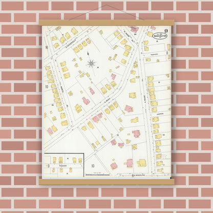 Old map wall art mockup — magnetic wood frame on brick wall — Sanborn Fire Insurance Map from Washington, Washington County, Pennsylvania (1904), Sheet #0009