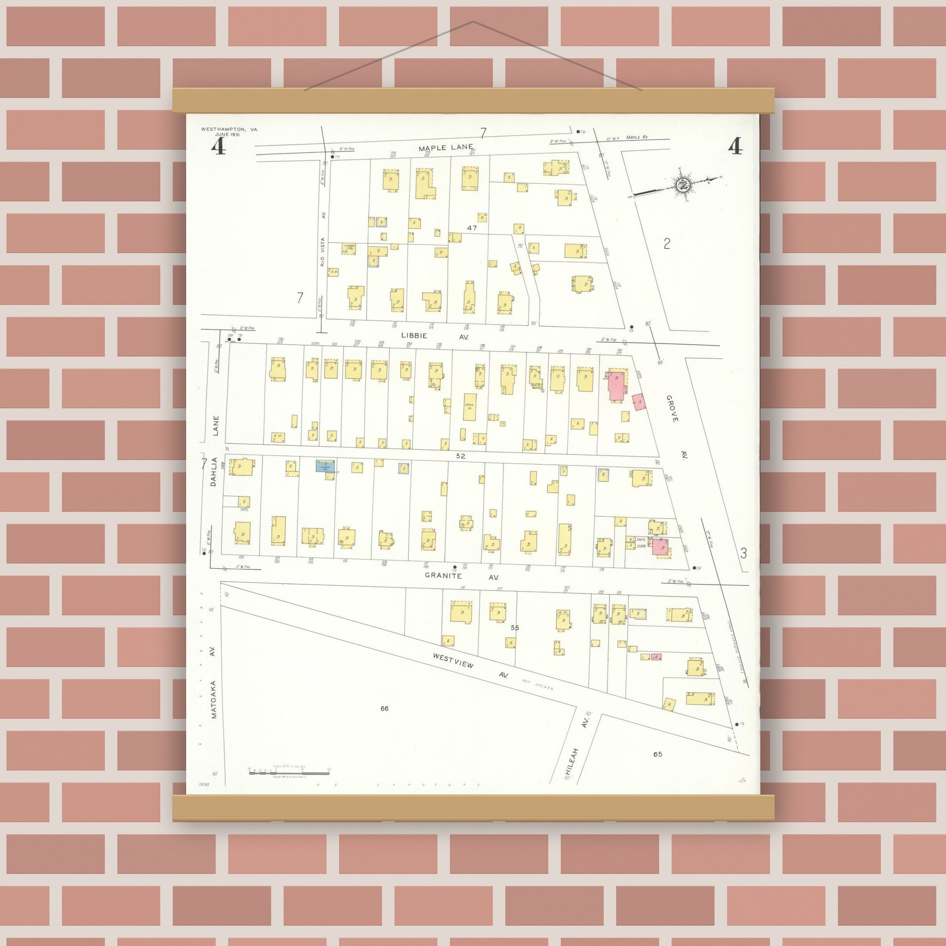 Old map wall art mockup — magnetic wood frame on brick wall — Sanborn Fire Insurance Map from Westhampton, Henrico County, Virginia (1931), Sheet #0004