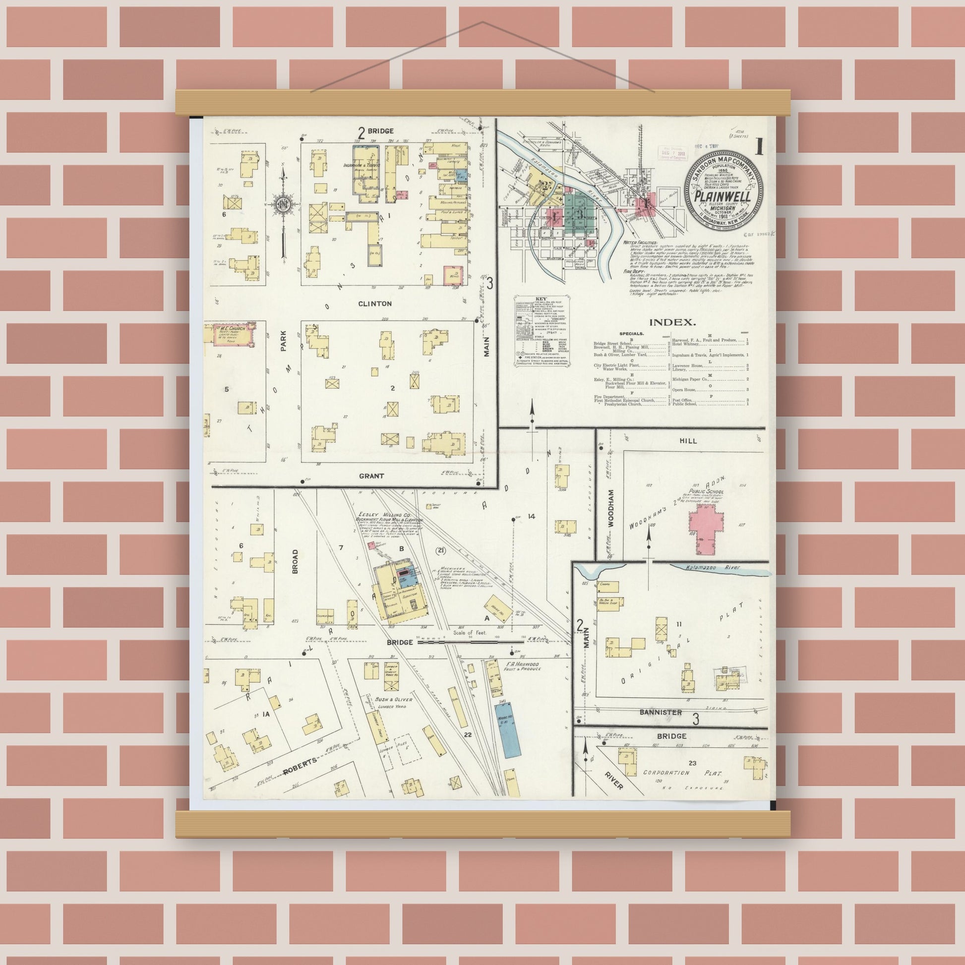Old map wall art mockup — magnetic wood frame on brick wall — Sanborn Fire Insurance Map from Plainwell, Allegan County, Michigan (1911) - Complete Map Set