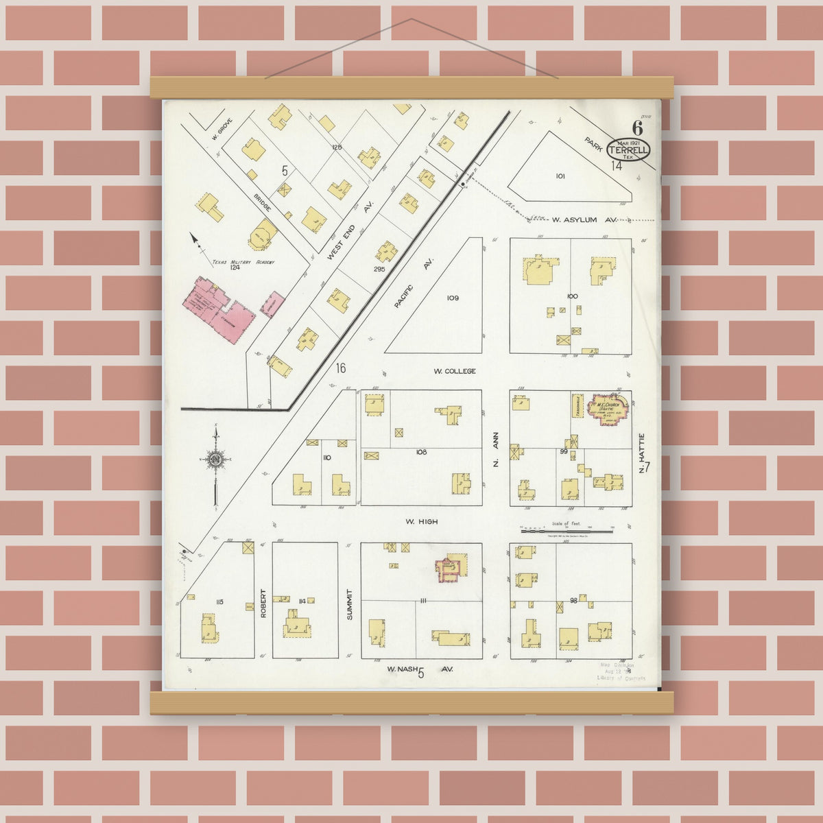 Old map wall art mockup — magnetic wood frame on brick wall — Sanborn Fire Insurance Map from Terrell, Kaufman County, Texas (1921), Sheet #0006