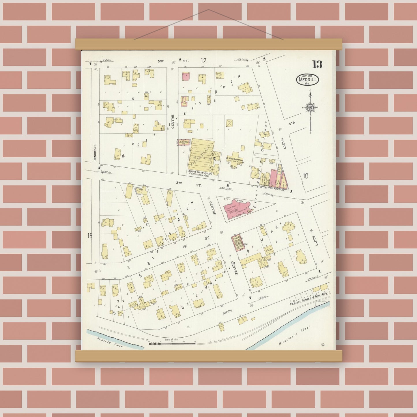 Old map wall art mockup — magnetic wood frame on brick wall — Sanborn Fire Insurance Map from Merrill, Lincoln County, Wisconsin (1913), Sheet #0013