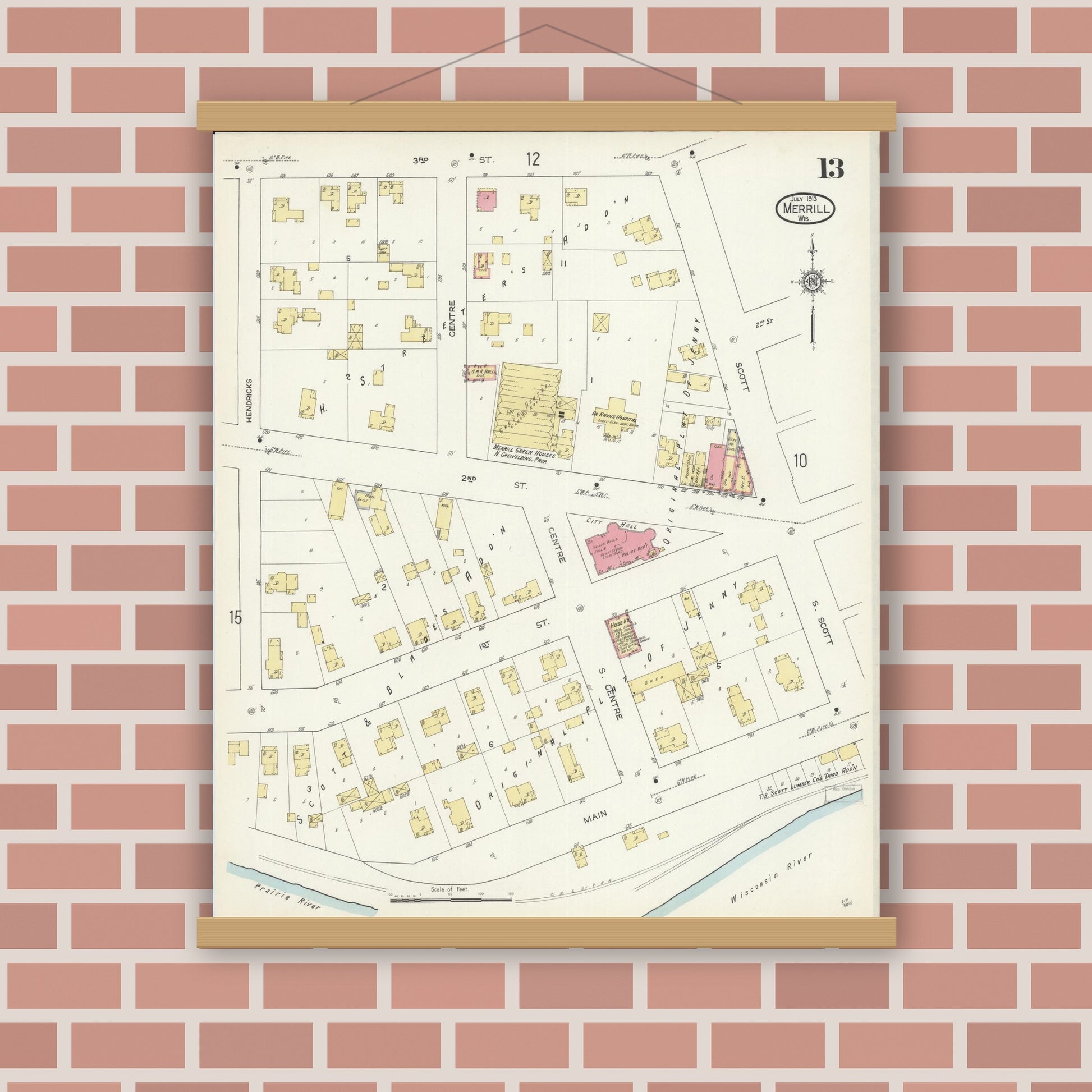 Old map wall art mockup — magnetic wood frame on brick wall — Sanborn Fire Insurance Map from Merrill, Lincoln County, Wisconsin (1913), Sheet #0013