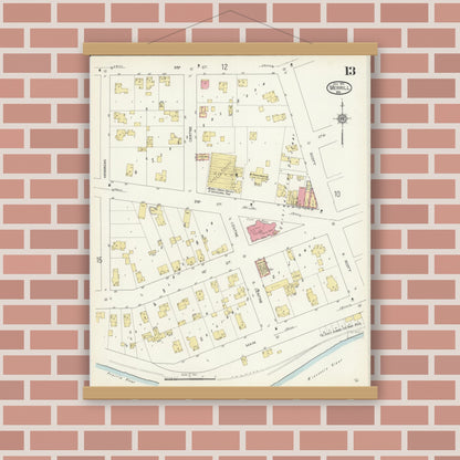 Old map wall art mockup — magnetic wood frame on brick wall — Sanborn Fire Insurance Map from Merrill, Lincoln County, Wisconsin (1913), Sheet #0013