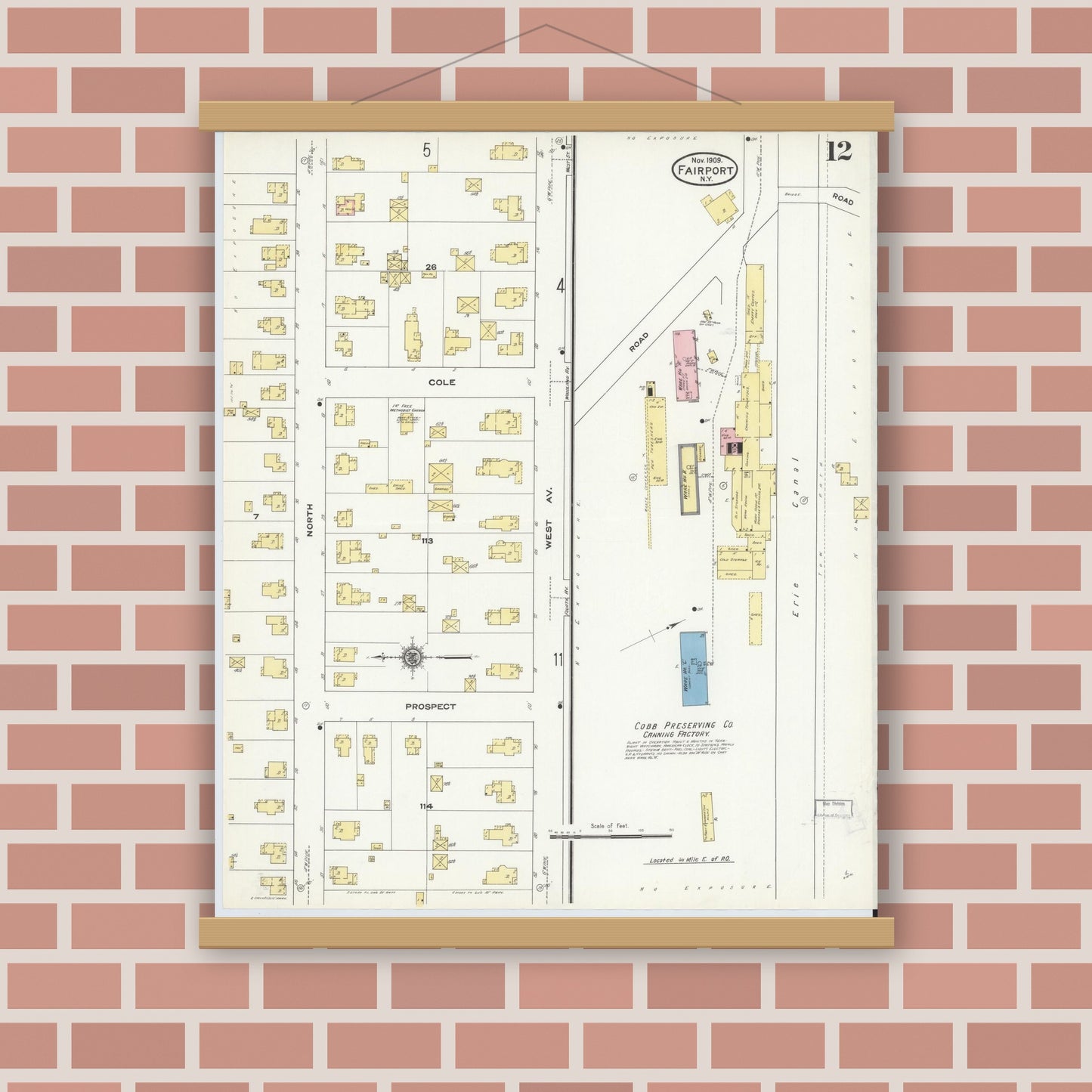 Old map wall art mockup — magnetic wood frame on brick wall — Sanborn Fire Insurance Map from Fairport, Monroe County, New York (1909), Sheet #0012