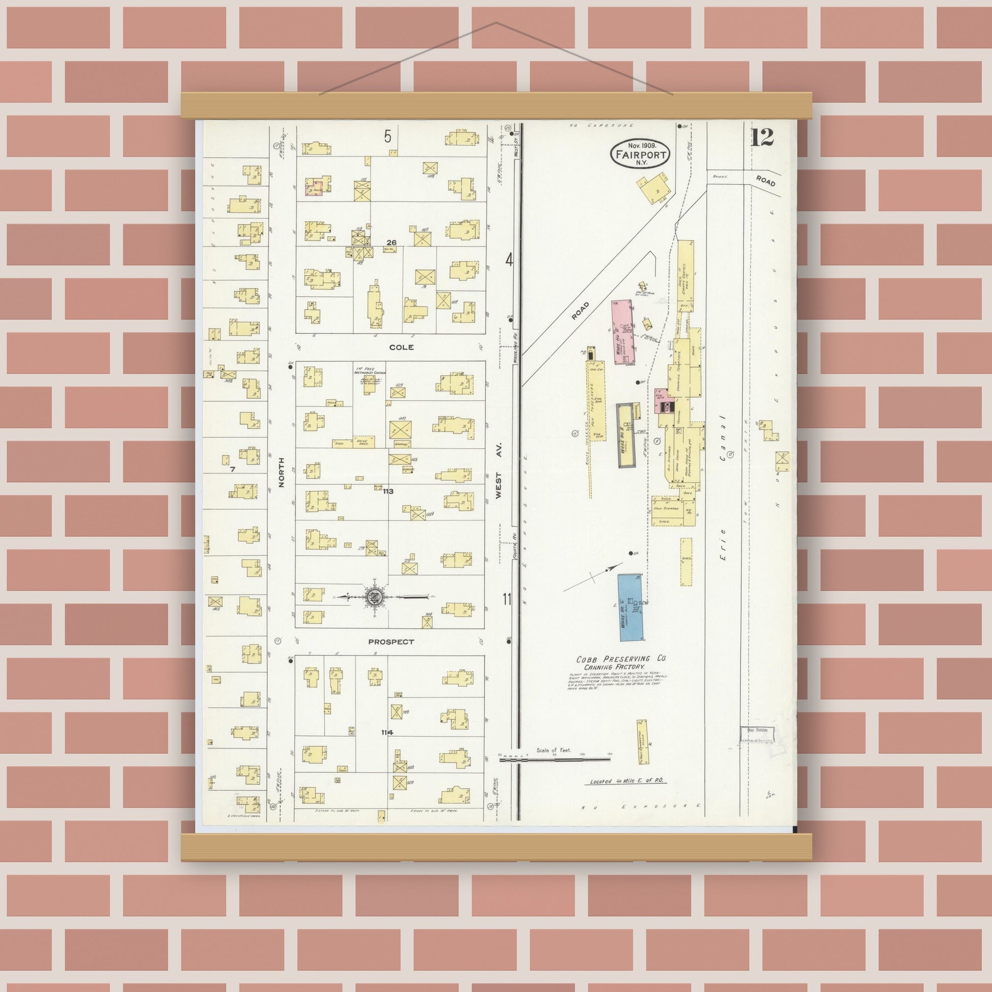 Old map wall art mockup — magnetic wood frame on brick wall — Sanborn Fire Insurance Map from Fairport, Monroe County, New York (1909), Sheet #0012