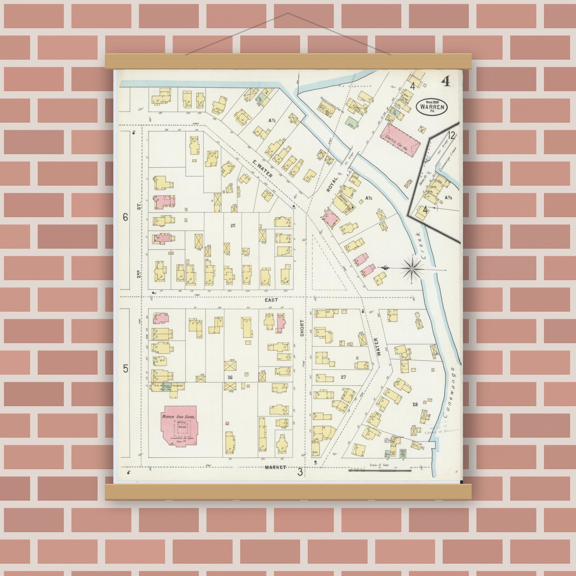 Old map wall art mockup — magnetic wood frame on brick wall — Sanborn Fire Insurance Map from Warren, Warren County, Pennsylvania (1898), Sheet #0004