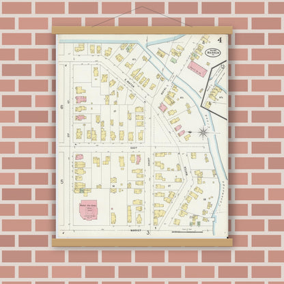 Old map wall art mockup — magnetic wood frame on brick wall — Sanborn Fire Insurance Map from Warren, Warren County, Pennsylvania (1898), Sheet #0004