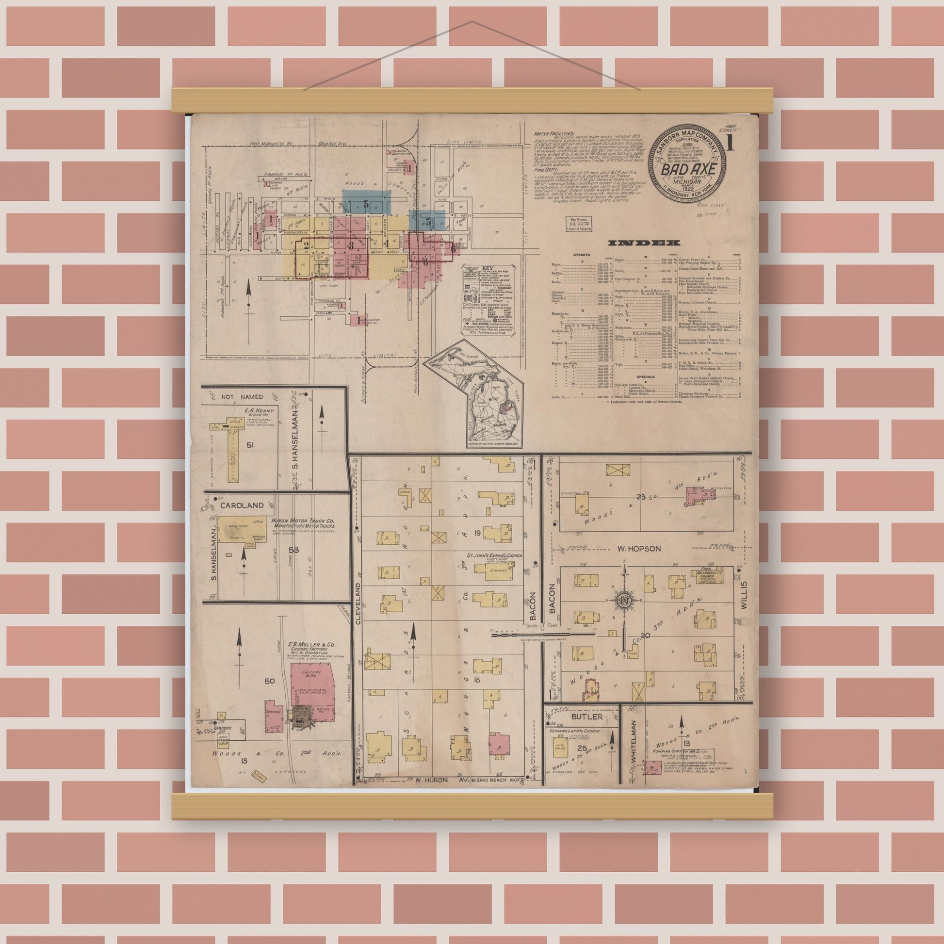 Old map wall art mockup — magnetic wood frame on brick wall — Sanborn Fire Insurance Map from Bad Axe, Huron County, Michigan (1922) - Complete Map Set