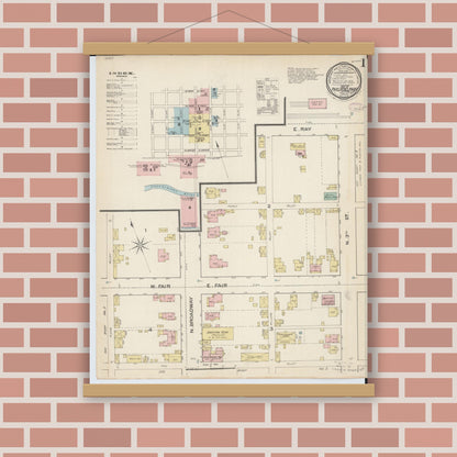 Old map wall art mockup — magnetic wood frame on brick wall — Sanborn Fire Insurance Map from New Philadelphia, Tuscarawas County, Ohio (1887), Sheet #0001