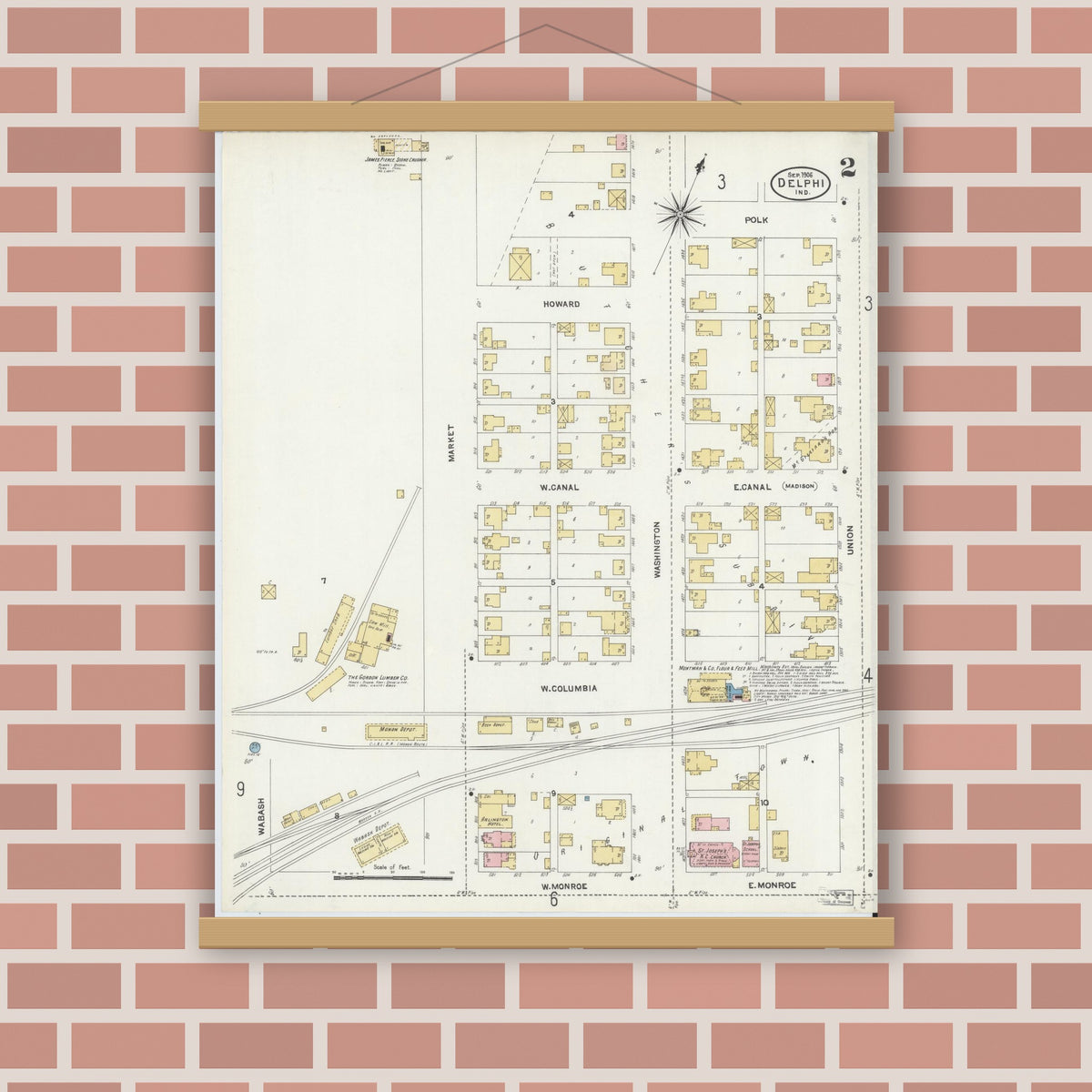 Old map wall art mockup — magnetic wood frame on brick wall — Sanborn Fire Insurance Map from Delphi, Carroll County, Indiana (1906), Sheet #0002