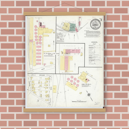 Old map wall art mockup — magnetic wood frame on brick wall — Sanborn Fire Insurance Map from Shawnee, Perry County, Ohio (1910), Sheet #0001