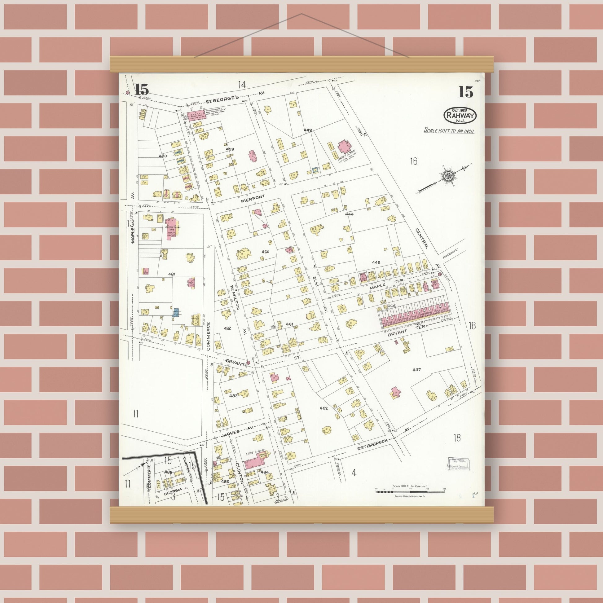 Old map wall art mockup — magnetic wood frame on brick wall — Sanborn Fire Insurance Map from Rahway, Union County, New Jersey (1923), Sheet #0015