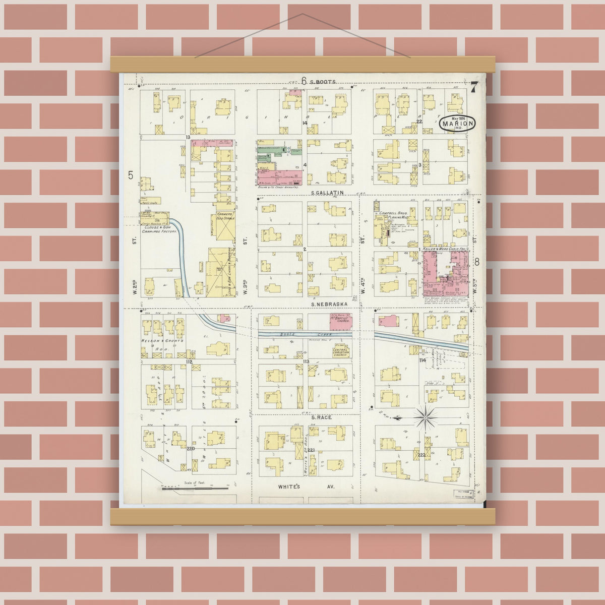 Old map wall art mockup — magnetic wood frame on brick wall — Sanborn Fire Insurance Map from Marion, Grant County, Indiana (1896), Sheet #0007
