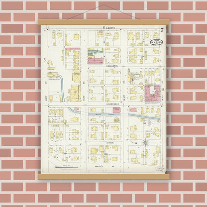 Old map wall art mockup — magnetic wood frame on brick wall — Sanborn Fire Insurance Map from Marion, Grant County, Indiana (1896), Sheet #0007