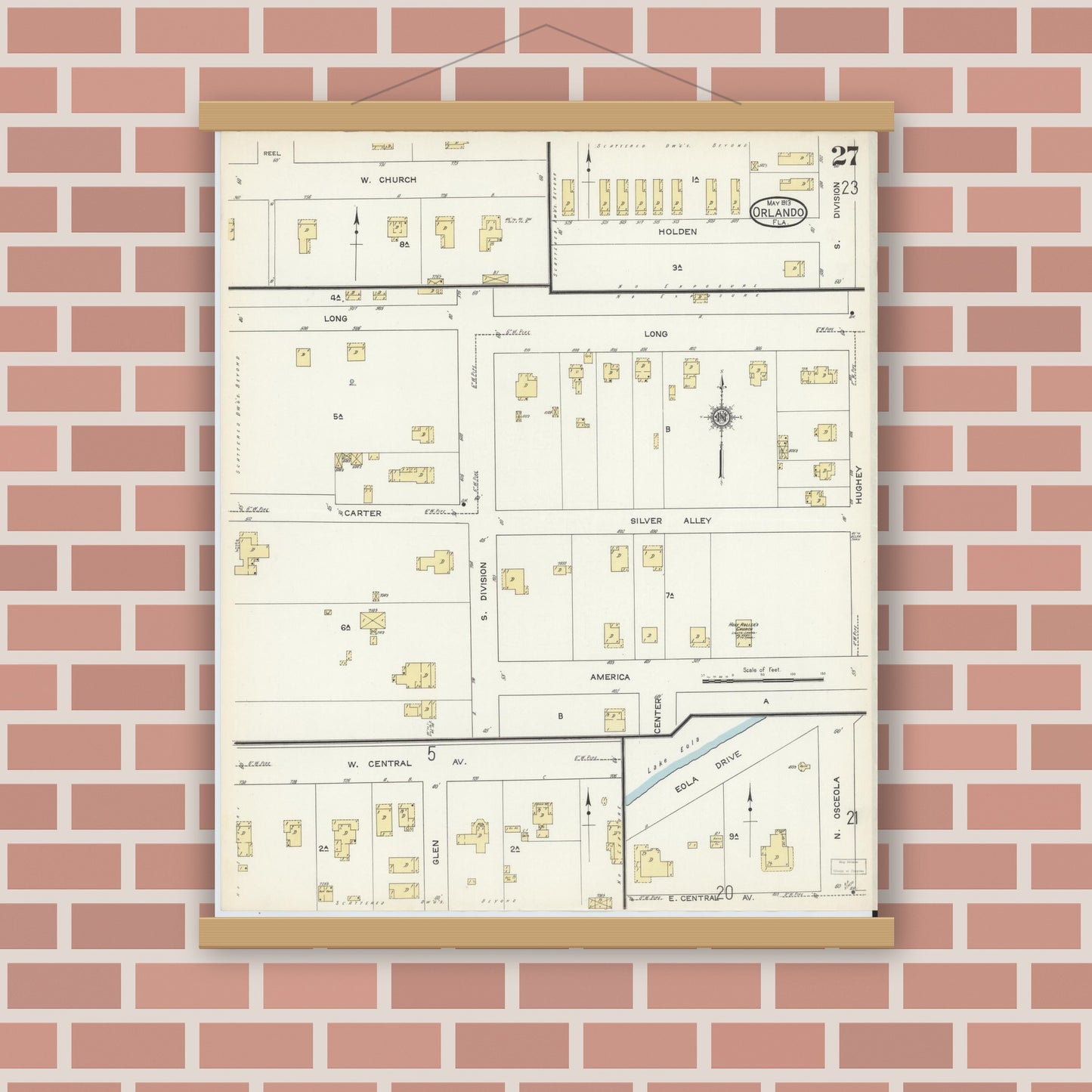 Old map wall art mockup — magnetic wood frame on brick wall — Sanborn Fire Insurance Map from Orlando, Orange County, Florida (1913), Sheet #0027