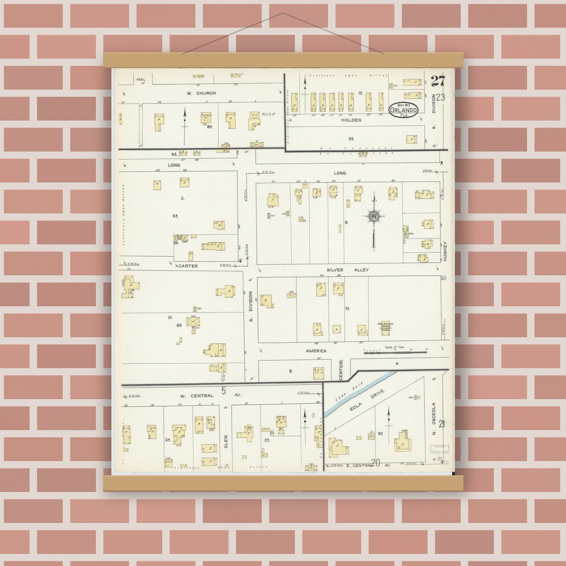 Old map wall art mockup — magnetic wood frame on brick wall — Sanborn Fire Insurance Map from Orlando, Orange County, Florida (1913), Sheet #0027