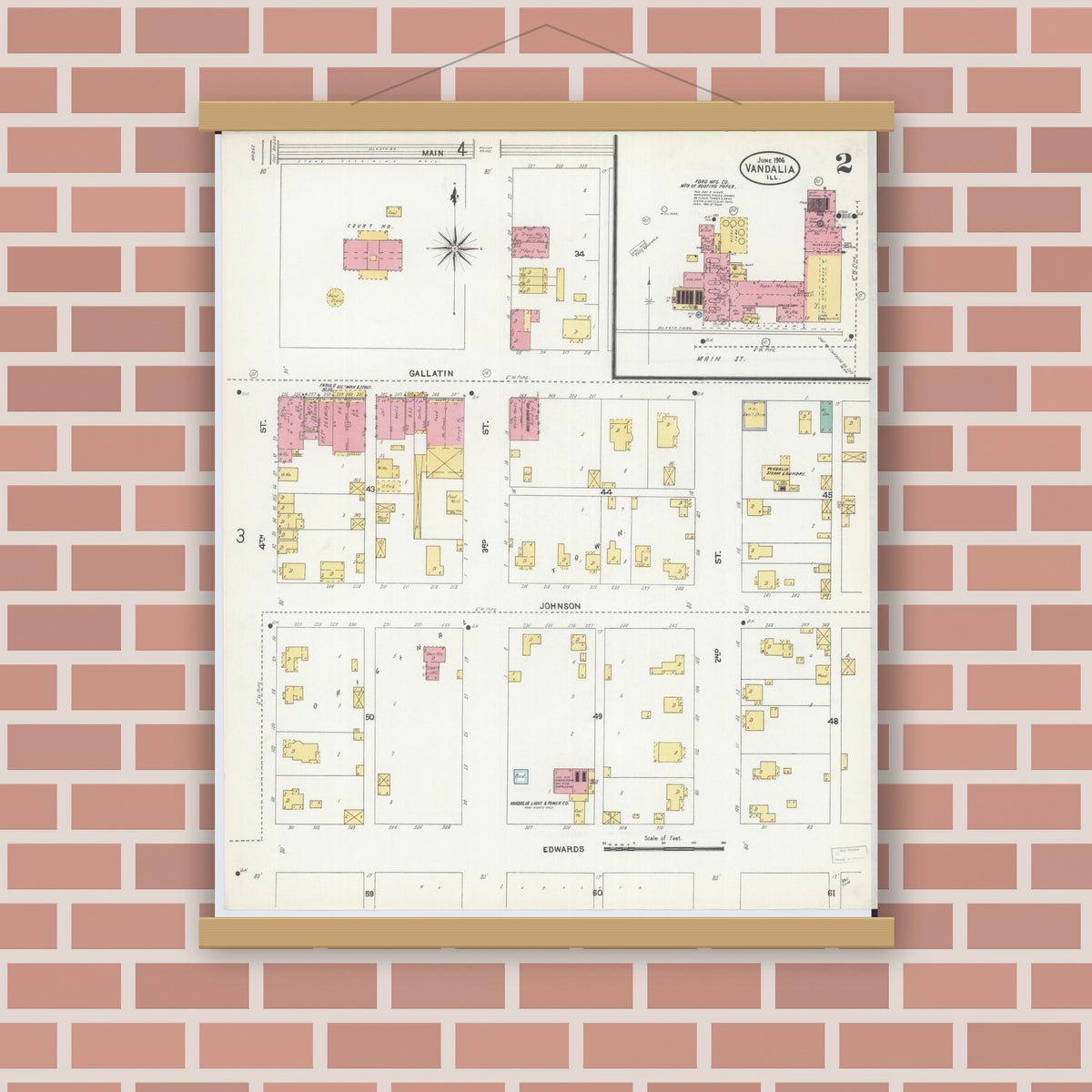 Old map wall art mockup — magnetic wood frame on brick wall — Sanborn Fire Insurance Map from Vandalia, Fayette County, Illinois (1906), Sheet #0002