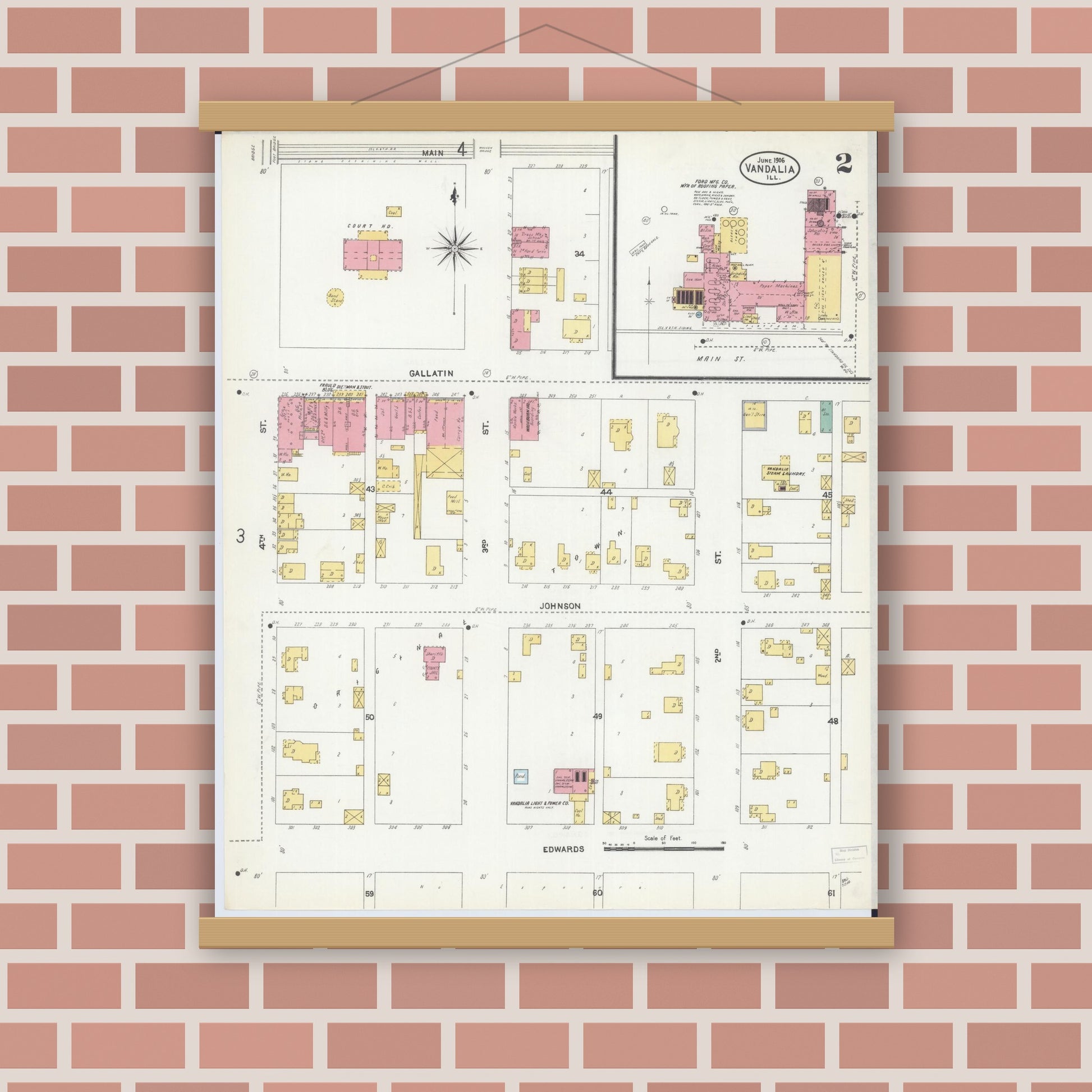 Old map wall art mockup — magnetic wood frame on brick wall — Sanborn Fire Insurance Map from Vandalia, Fayette County, Illinois (1906), Sheet #0002