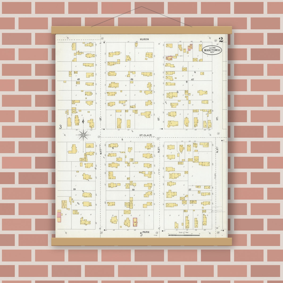 Old map wall art mockup — magnetic wood frame on brick wall — Sanborn Fire Insurance Map from Manitowoc, Manitowoc County, Wisconsin (1900), Sheet #0002