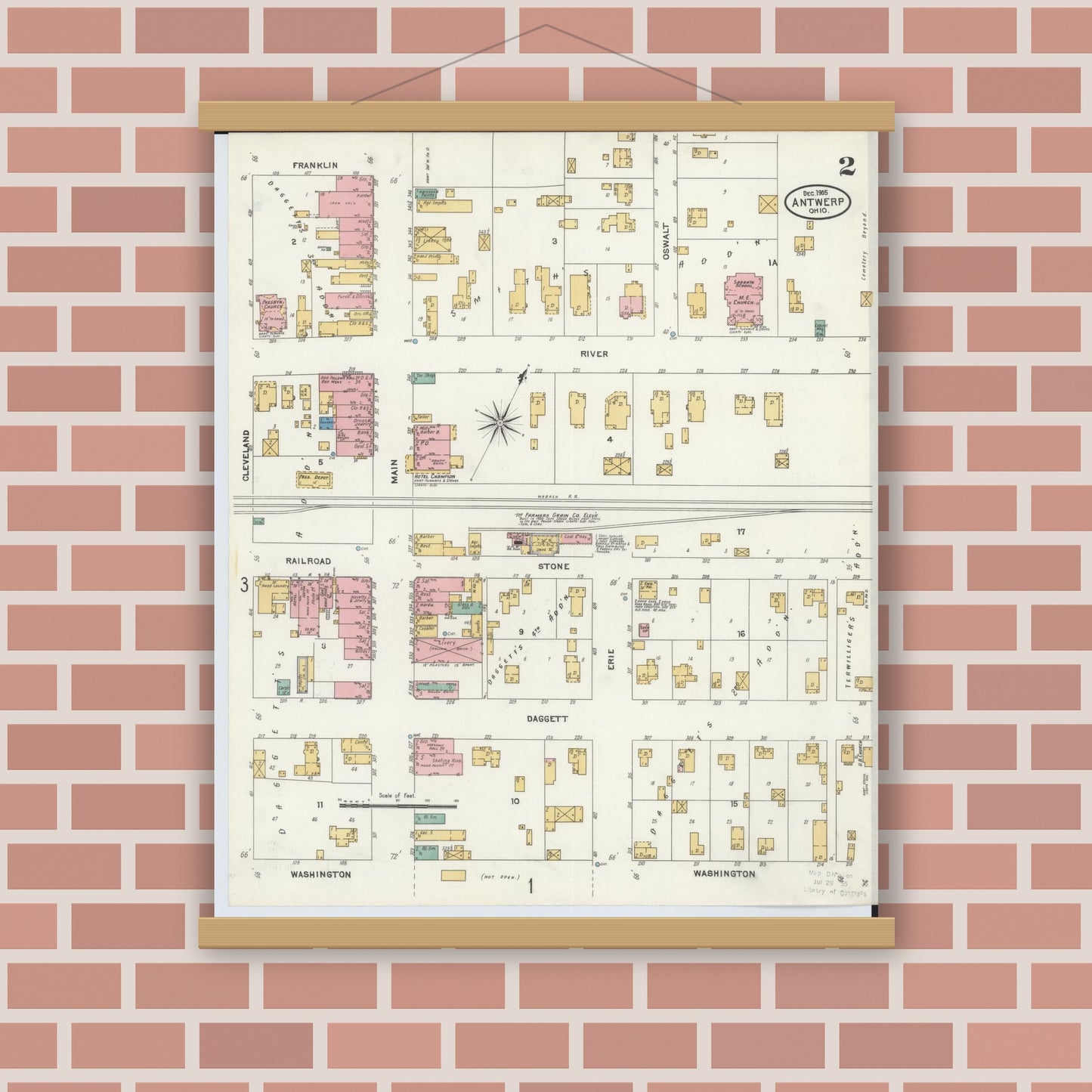 Old map wall art mockup — magnetic wood frame on brick wall — Sanborn Fire Insurance Map from Antwerp, Paulding County, Ohio (1905), Sheet #0002
