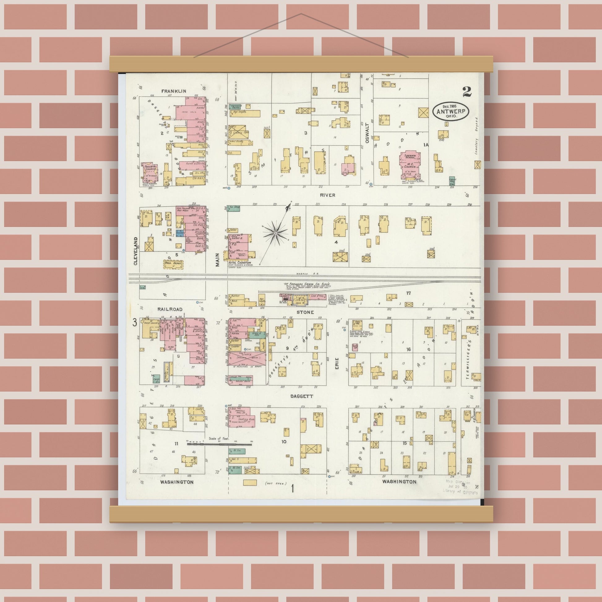 Old map wall art mockup — magnetic wood frame on brick wall — Sanborn Fire Insurance Map from Antwerp, Paulding County, Ohio (1905), Sheet #0002