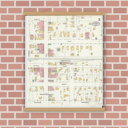 Old map wall art mockup — magnetic wood frame on brick wall — Sanborn Fire Insurance Map from Antwerp, Paulding County, Ohio (1905), Sheet #0002
